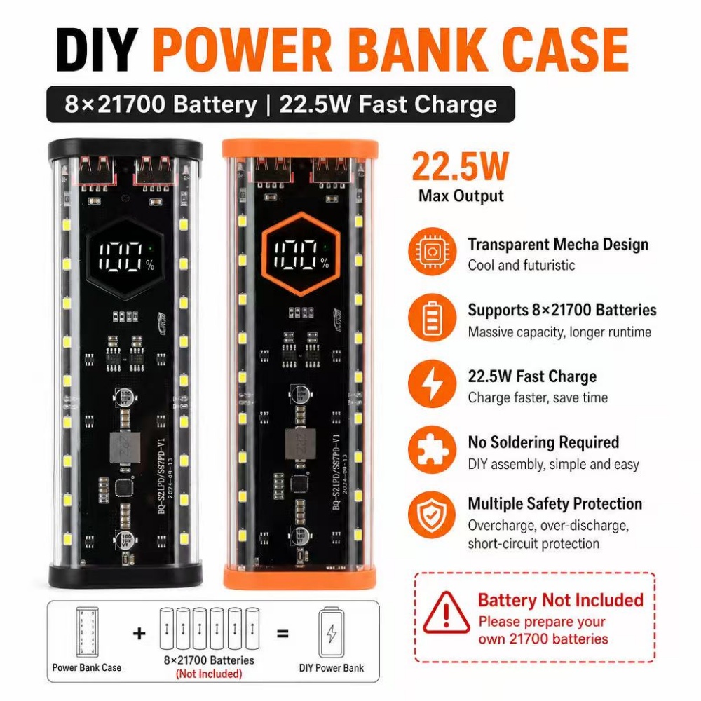 Diy Electronics Hobby - 8*21700 Battery Case 22.5W Fast Charging